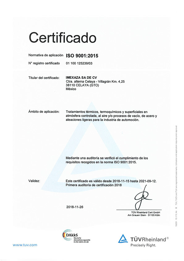 Certificado Imexaza ISO 9001:2015